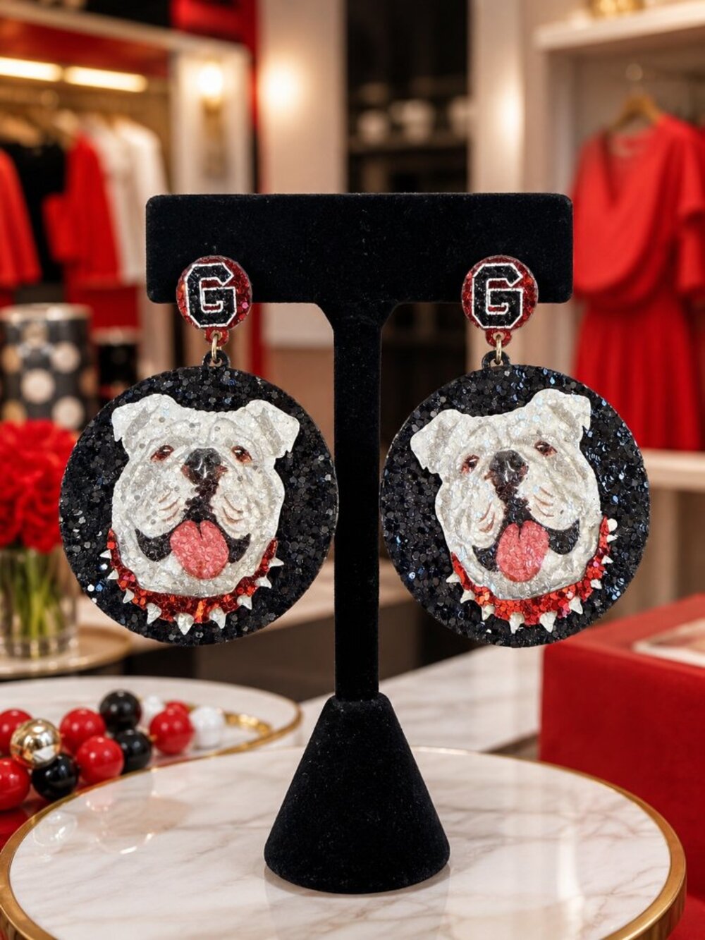 Bulldog Game Day Earrings | Red Black Glitter Statement Earrings | Georgia Fan